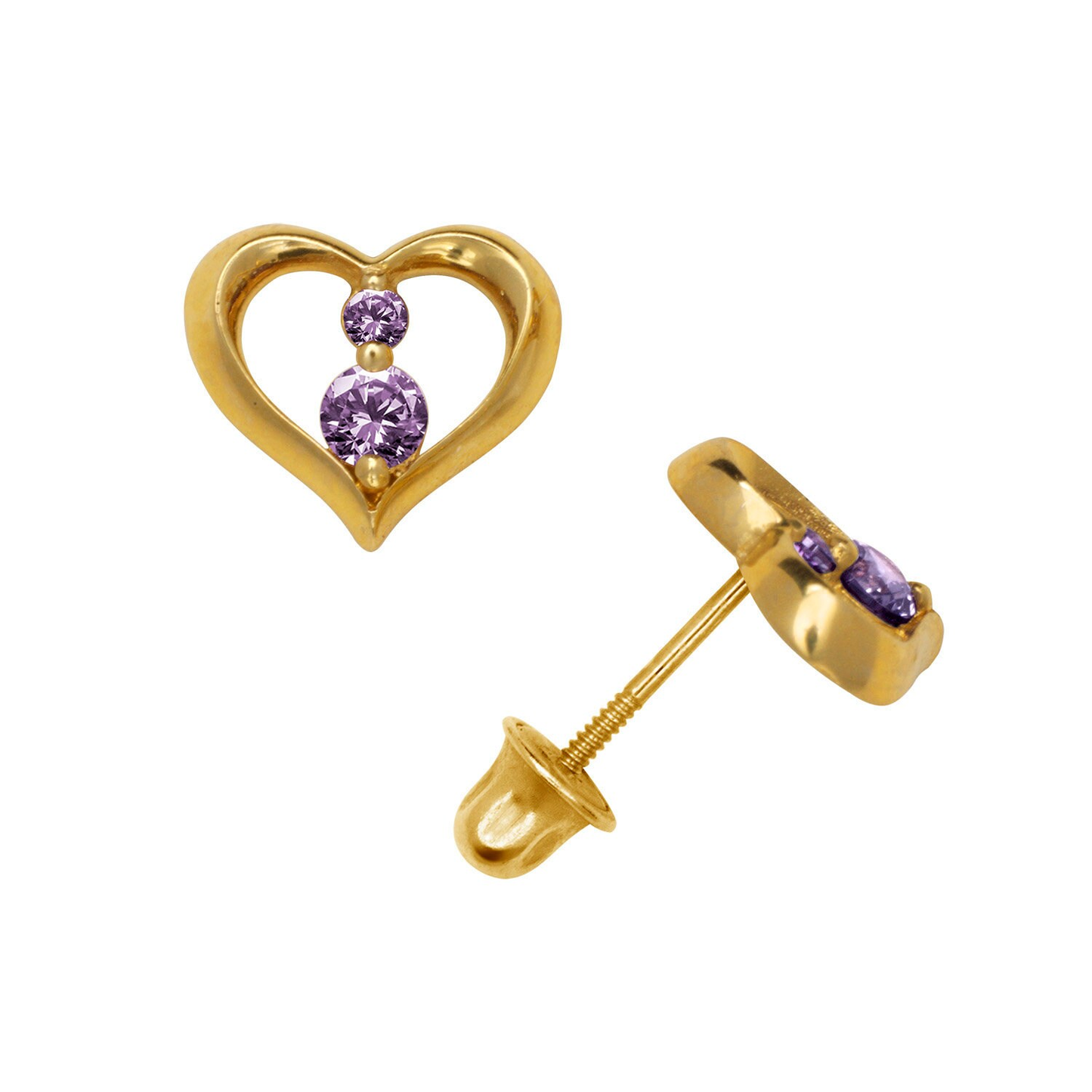 14K Solid Yellow And White Gold Dainty Open Heart Screwbacks Earrings Set With Round Birthstones