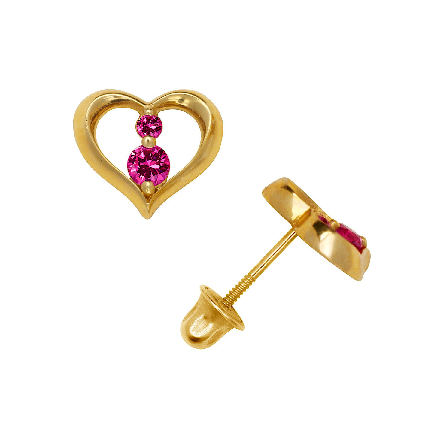 14K Solid Yellow And White Gold Dainty Open Heart Screwbacks Earrings Set With Round Birthstones