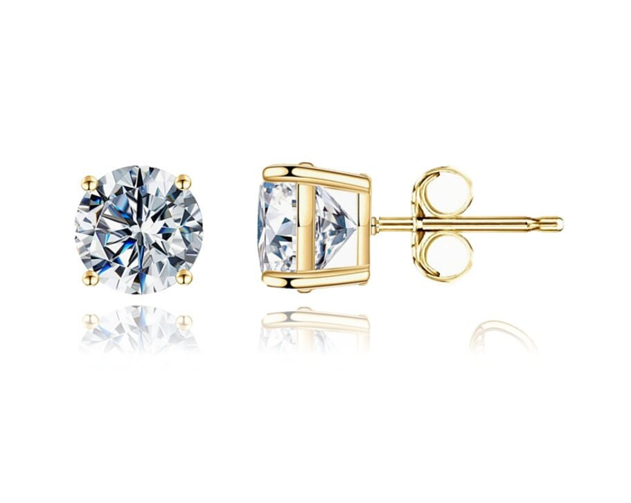 Moissanite 4 Prong Pushback Solitaire Stud Earrings | 14K Solid Gold 4 Prong Basket Round Cut Push Backs Moissanite Studs | DEF VS Clarity