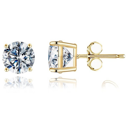 Moissanite 4 Prong Pushback Solitaire Stud Earrings | 14K Solid Gold 4 Prong Basket Round Cut Push Backs Moissanite Studs | DEF VS Clarity