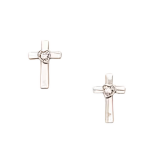 14K Pure Solid White/Yellow Gold Cross Earrings Set With Cubic Zirconia Screw-Back Studs
