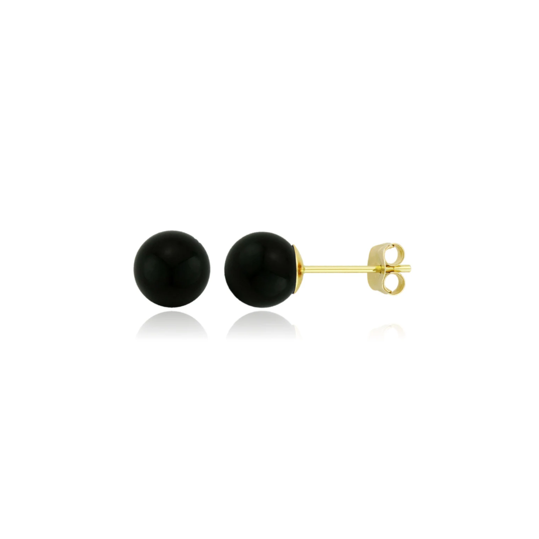 14K Solid Gold Black Onyx Ball Studs- Pushbacks- Black Onyx Sphere Ball Studs