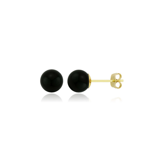 14K Solid Gold Black Onyx Ball Studs- Pushbacks- Black Onyx Sphere Ball Studs