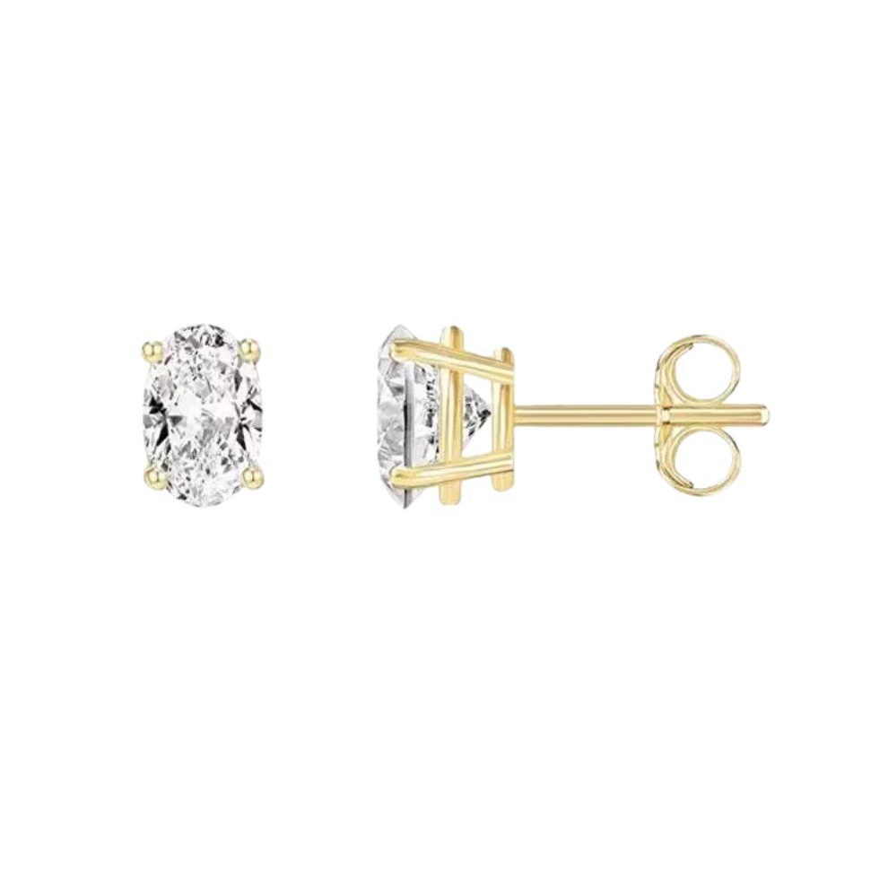 D Color VVS1 Oval Moissanite Studs | Solid Gold Solitaire 4 Prong
