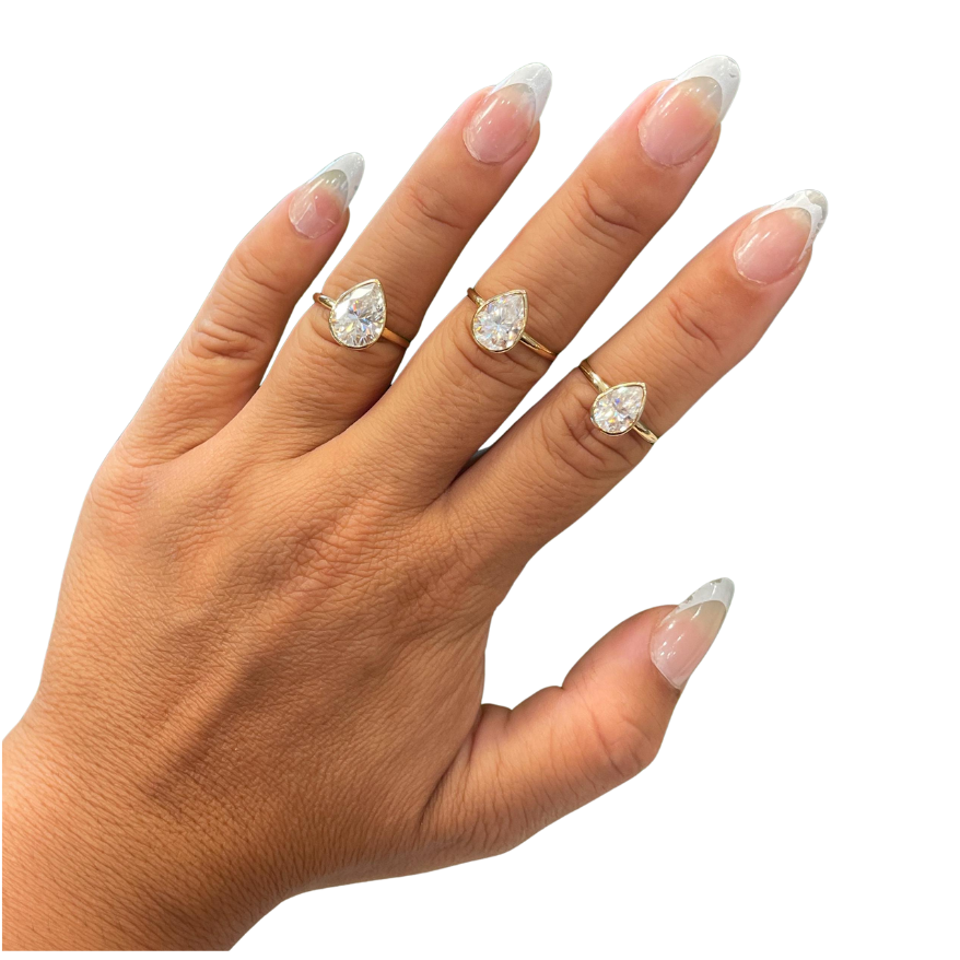 14K Yellow Gold Moissanite Bezel Pear Shape Ring D color VVS1 | 1.5ct 2ct 3.5ct