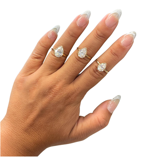 14K Yellow Gold Moissanite Bezel Pear Shape Ring D color VVS1 | 1.5ct 2ct 3.5ct