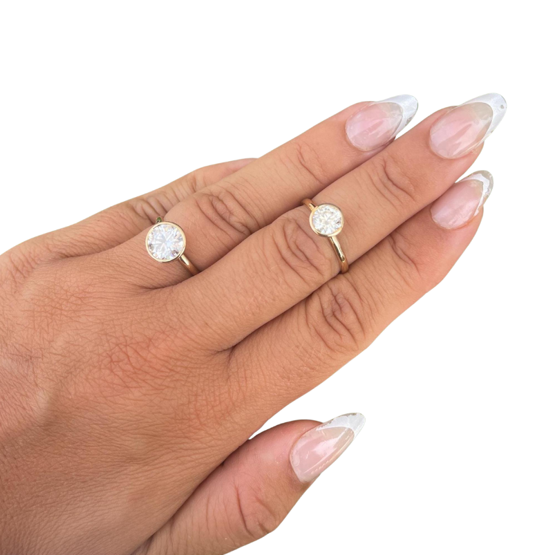 14K Yellow Gold Moissanite Bezel Round Cut Ring D color VVS1 | 1ct and 2ct