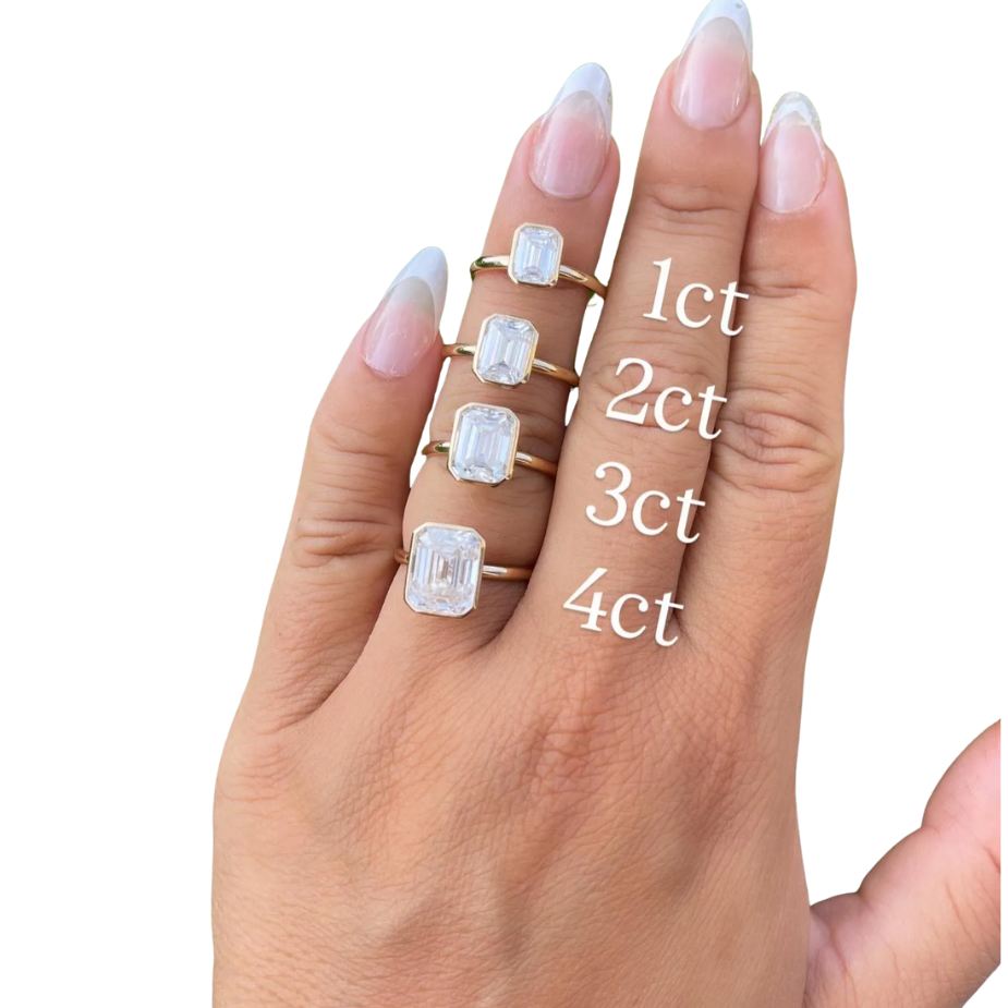 14K Yellow Gold Emerald Cut Moissanite Bezel Engagement Ring | 1ct 2ct 3ct 4ct